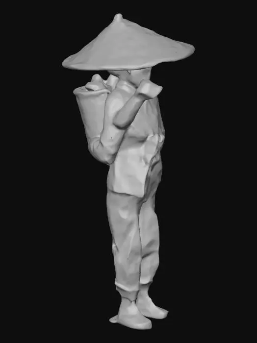 3D model for I need 1:150 scale model of  south eat asian tea plantation worker on their own in a standing position, with a vietnamese style hat and a baset on their back, picking tea