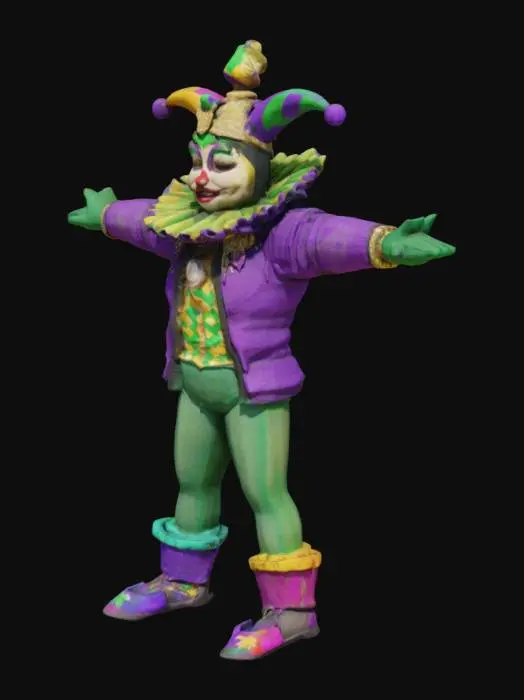 3D model for 3D game character: Mardi Gras jester, wild and hilarious, in a T-pose. Wears a purple, green, and gold jester outfit—puffy sleeves, tight checkered tights, curled shoes with bells. Oversized ruffled collar, gold mask with feathers. Jingly hat with pom-poms. Beads and coins dangle everywhere. Goofy grin, exaggerated makeup


