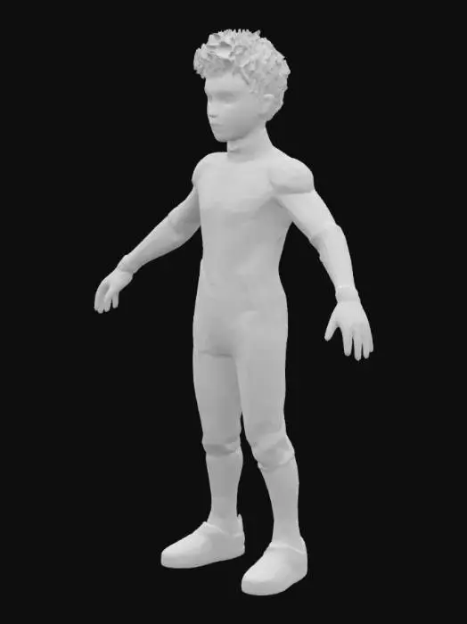 3D model for A boy wearing a futuristic silver suit with a neural chip on his right ear, His hair is black brownish. Close to a A-pose, clear gap between limbs and body, palms facing the body that is able to be rigged


