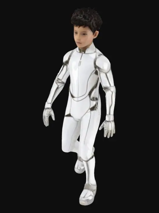 3D model for A boy wearing a futuristic silver suit with a neural chip on his right ear, His hair is black brownish. Close to a A-pose, clear gap between limbs and body, palms facing the body that is able to be rigged

