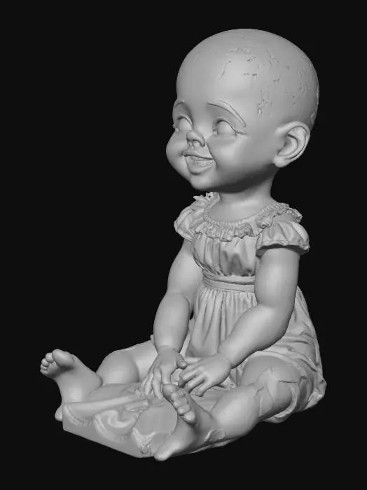 3D model for A cracked porcelain doll with glowing amber eyes, sitting upright. Its face is chipped, with faded paint and a slightly crooked smile. Stylized 1800s design with warm candlelight tones, curved limbs, and eerie stillness. No harsh geometry.