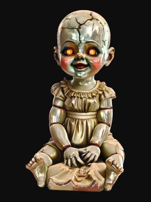 3D model for A cracked porcelain doll with glowing amber eyes, sitting upright. Its face is chipped, with faded paint and a slightly crooked smile. Stylized 1800s design with warm candlelight tones, curved limbs, and eerie stillness. No harsh geometry.