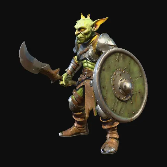 3D model for Prompt: A high-detail, full-body 3D character model of a battle-hardened Goblin Warrior. The goblin has mottled green, leathery skin with warts and battle scars. Large, pointed, tattered ears and glowing yellow eyes. He is wearing mismatched, rusted scrap-metal plate armor over dirty leather tunics. He carries a notched, jagged iron scimitar in one hand and a crude wooden buckler shield reinforced with metal bands in the other.

Technical Specs: T-pose or A-pose for rigging, hyper-realistic textures, 8k resolution, cinematic lighting, sharp facial features, exaggerated long nose, crooked teeth. Digital sculpture style, intricate leather straps and pouches, muddy boots. High-poly mesh detail.