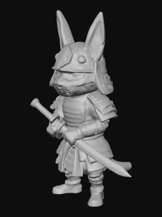 3D model for A stylized chibi samurai warrior wearing a traditional Japanese fox (kitsune) mask.
The samurai is standing in a stable neutral pose, feet flat on the ground, arms resting close to the body, holding a simple katana vertically in front of him with both hands.
Compact silhouette, no thin or floating parts.
The fox mask is smooth, symmetrical, with small engraved eyes and simple carved markings.
Armor is simplified, blocky, rounded, with no sharp spikes, no hanging cloth, no loose straps.
Head slightly oversized chibi style, body short and solid.
Designed as a solid figurine for 3D printing, supportless friendly, minimal overhangs, closed volumes only.
Clean surfaces, no extreme details, no holes, no floating elements.
Neutral matte clay style, monochrome, no textures.