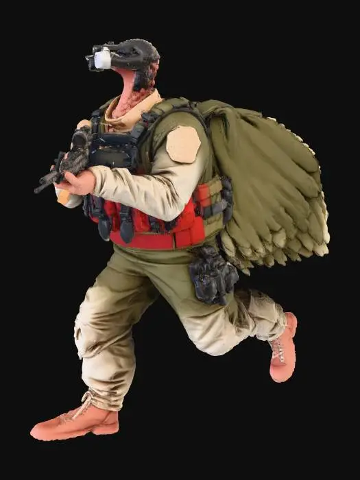 3D model for A realistic turkey wearing tactical gear. He is wearing night vision goggles and carying an assault rifle.