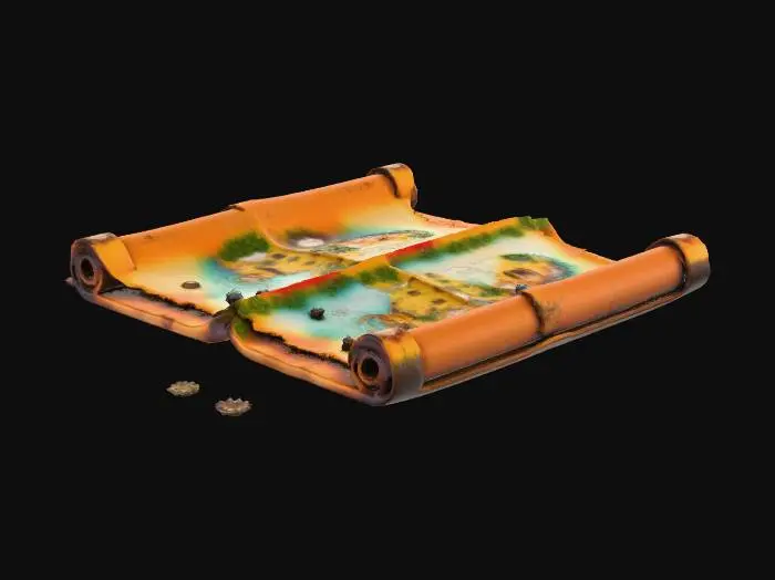 3D model for Dark fantasy, medieval era, weathered archeologists map.