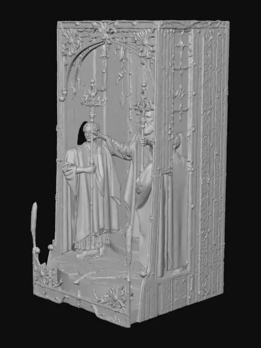 3D model for Create a 3D tarot card of the The Hierophant depicting:

Cleric on dais with twin acolytes, triple cross staff, crossed keys. Vestments: layered crimson and gold damask, white lace cuffs. Stone floor with inlaid symbols. Textures: damask fabric relief, gilt embroidery, cold limestone, enamel on staff. Palette: red, gold, white, stone grey. Lighting: stained-glass cool fill, warm altar key. PBR: gilded edges with wear, lace opacity map, wax drips on candles.

The image must be depicting this as a card.