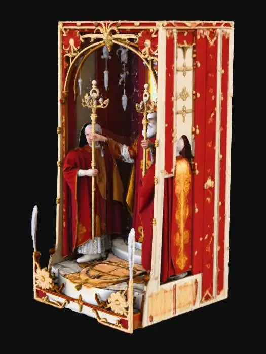 3D model for Create a 3D tarot card of the The Hierophant depicting:

Cleric on dais with twin acolytes, triple cross staff, crossed keys. Vestments: layered crimson and gold damask, white lace cuffs. Stone floor with inlaid symbols. Textures: damask fabric relief, gilt embroidery, cold limestone, enamel on staff. Palette: red, gold, white, stone grey. Lighting: stained-glass cool fill, warm altar key. PBR: gilded edges with wear, lace opacity map, wax drips on candles.

The image must be depicting this as a card.