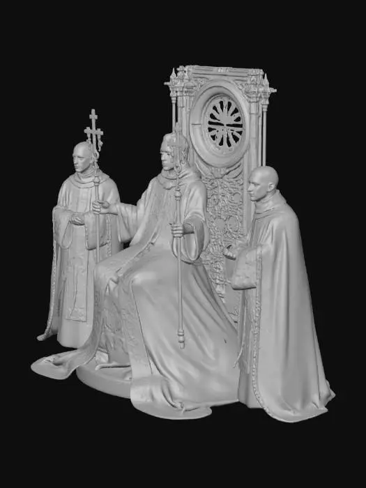 3D model for Create a 3D tarot card of the The Hierophant depicting:

Cleric on dais with twin acolytes, triple cross staff, crossed keys. Vestments: layered crimson and gold damask, white lace cuffs. Stone floor with inlaid symbols. Textures: damask fabric relief, gilt embroidery, cold limestone, enamel on staff. Palette: red, gold, white, stone grey. Lighting: stained-glass cool fill, warm altar key. PBR: gilded edges with wear, lace opacity map, wax drips on candles.

The image must be depicting this as a card.