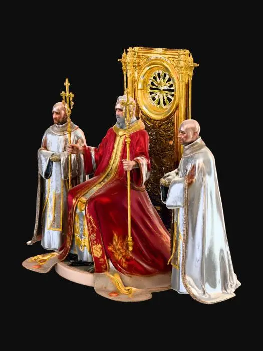 3D model for Create a 3D tarot card of the The Hierophant depicting:

Cleric on dais with twin acolytes, triple cross staff, crossed keys. Vestments: layered crimson and gold damask, white lace cuffs. Stone floor with inlaid symbols. Textures: damask fabric relief, gilt embroidery, cold limestone, enamel on staff. Palette: red, gold, white, stone grey. Lighting: stained-glass cool fill, warm altar key. PBR: gilded edges with wear, lace opacity map, wax drips on candles.

The image must be depicting this as a card.