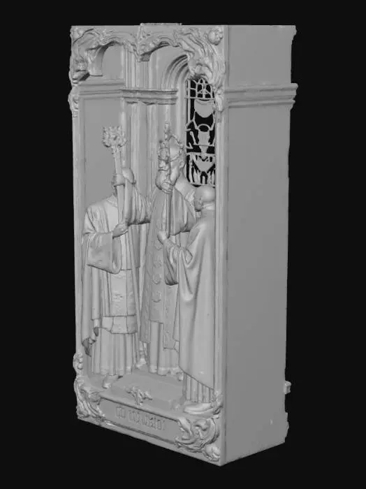 3D model for Create a 3D tarot card of the The Hierophant depicting:

Cleric on dais with twin acolytes, triple cross staff, crossed keys. Vestments: layered crimson and gold damask, white lace cuffs. Stone floor with inlaid symbols. Textures: damask fabric relief, gilt embroidery, cold limestone, enamel on staff. Palette: red, gold, white, stone grey. Lighting: stained-glass cool fill, warm altar key. PBR: gilded edges with wear, lace opacity map, wax drips on candles.

The image must be depicting this as a card.