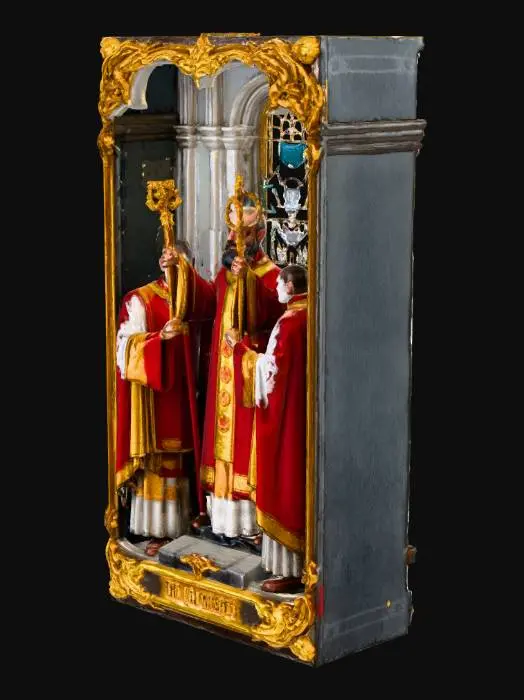 3D model for Create a 3D tarot card of the The Hierophant depicting:

Cleric on dais with twin acolytes, triple cross staff, crossed keys. Vestments: layered crimson and gold damask, white lace cuffs. Stone floor with inlaid symbols. Textures: damask fabric relief, gilt embroidery, cold limestone, enamel on staff. Palette: red, gold, white, stone grey. Lighting: stained-glass cool fill, warm altar key. PBR: gilded edges with wear, lace opacity map, wax drips on candles.

The image must be depicting this as a card.