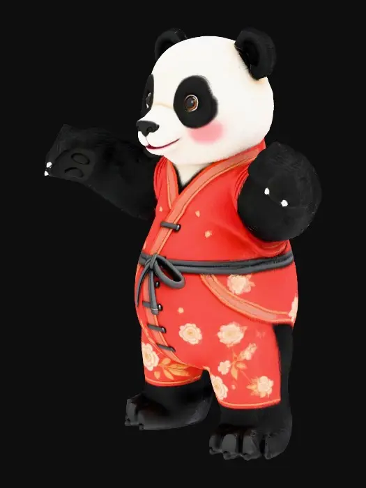 3D model for cute adult female panda, realistic, humanlike posture