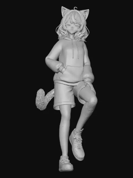 3D model for A chill anime catgirl character with smooth, soft skin, tranquil half-closed eyes, and a serene smile. She has fluffy, light lavender cat ears and a matching tail. Dressed in a slightly oversized, cozy pastel blue hoodie and relaxed beige shorts, her posture is effortlessly languid, conveying ultimate comfort and a calm, approachable demeanor.