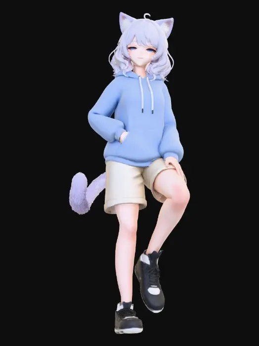 3D model for A chill anime catgirl character with smooth, soft skin, tranquil half-closed eyes, and a serene smile. She has fluffy, light lavender cat ears and a matching tail. Dressed in a slightly oversized, cozy pastel blue hoodie and relaxed beige shorts, her posture is effortlessly languid, conveying ultimate comfort and a calm, approachable demeanor.