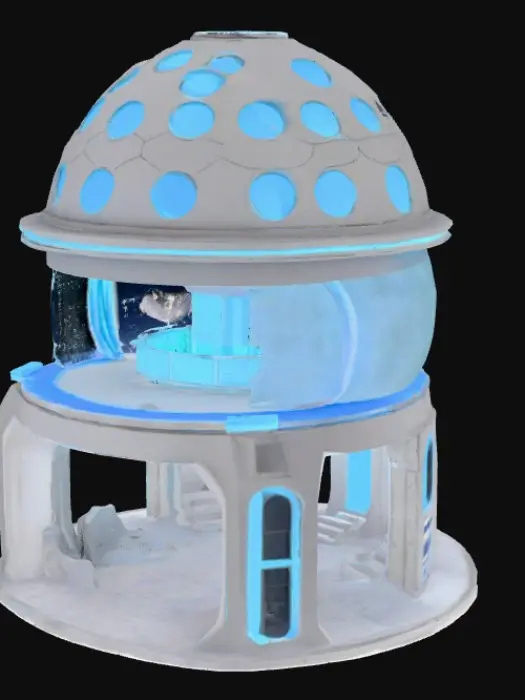 3D model for Make a building which can be entered and it has a lot of room inside but make it moon and space themed. The building can be either one or 2 stories tall