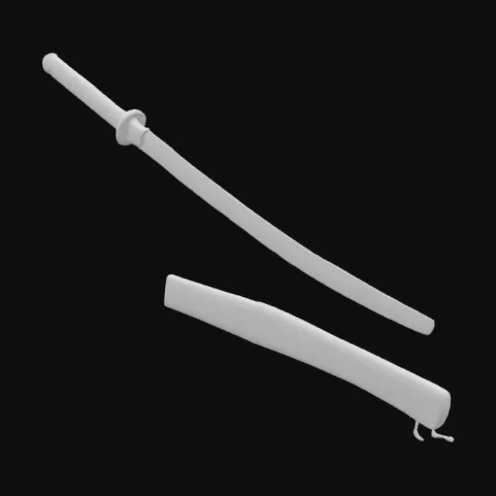 3D model for Create a detailed 3D model of a traditional Japanese katana with a slightly curved, polished steel blade, ornate tsuba (guard), ray skin-wrapped handle with black cord, and a wooden scabbard with red lacquer finish. Include realistic textures for metal, leather, and wood. Model should be game-ready, PBR textured, and optimized for real-time rendering.