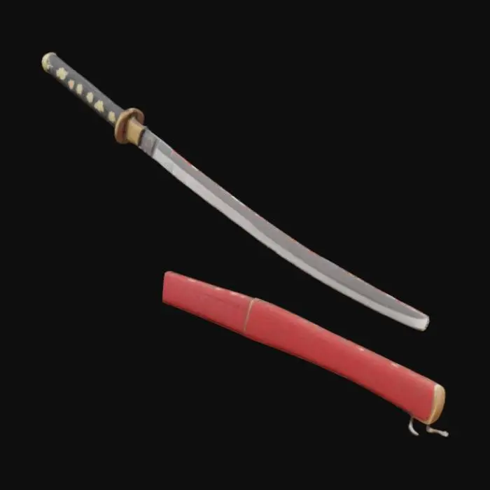 3D model for Create a detailed 3D model of a traditional Japanese katana with a slightly curved, polished steel blade, ornate tsuba (guard), ray skin-wrapped handle with black cord, and a wooden scabbard with red lacquer finish. Include realistic textures for metal, leather, and wood. Model should be game-ready, PBR textured, and optimized for real-time rendering.
