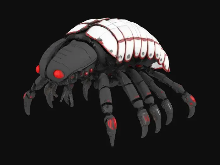 3D model for a highly detailed segmented isopod robot with ridges along its back. Black white and red colors.