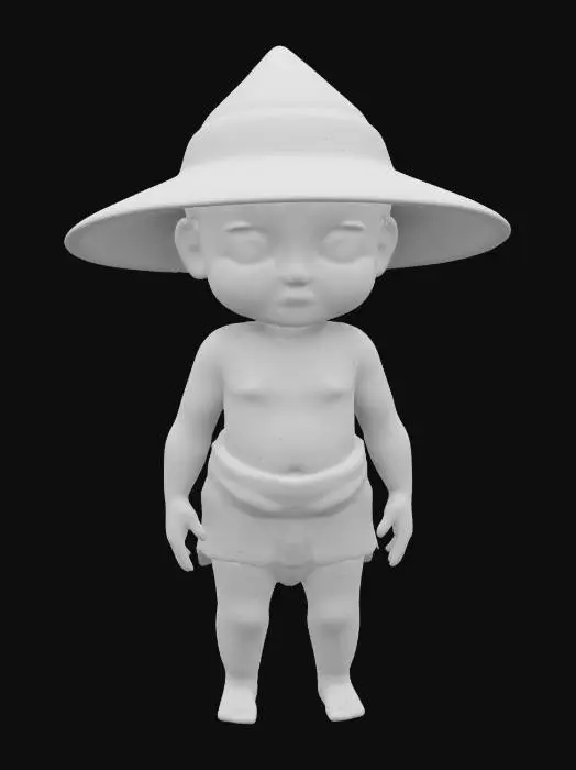 3D model for A small child with grey skin wearing only a loincloth and a big Chinese rain hat  standing in a neutral pose. Ultra realistic render. 