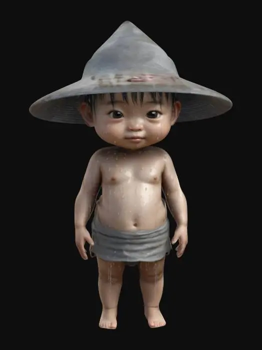 3D model for A small child with grey skin wearing only a loincloth and a big Chinese rain hat  standing in a neutral pose. Ultra realistic render. 