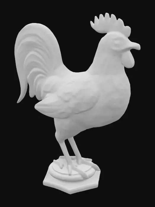 3D model for highly detailed highly stylized art deco hood ornament of a cockerel charging forward 