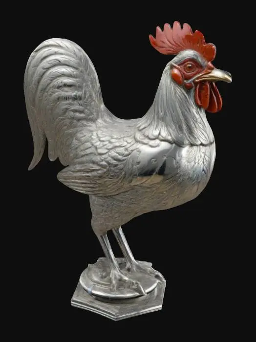 3D model for highly detailed highly stylized art deco hood ornament of a cockerel charging forward 
