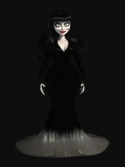 3D model for A cartoon pixar style Elvira mistress of the dark standing in relaxed pose.