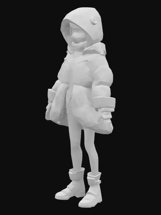 3D model for a pixar style cyberpunk female character wearing puffy Mylar clothes with a hood and mask. Blue, black and orange colors only. 