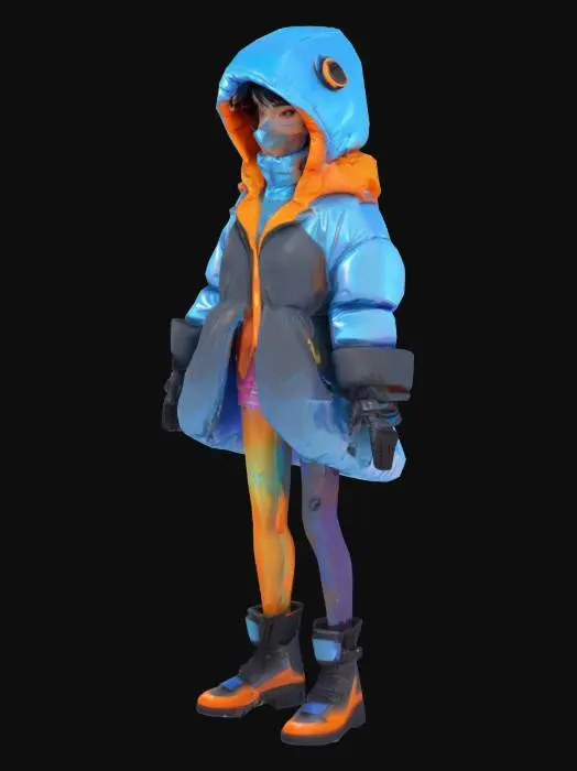 3D model for a pixar style cyberpunk female character wearing puffy Mylar clothes with a hood and mask. Blue, black and orange colors only. 