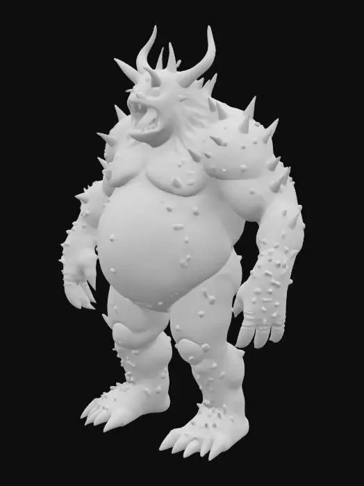 3D model for a fat golem covered in green Mylar with large, long red thorns all over it's body. It's hands are red thorny hooks.