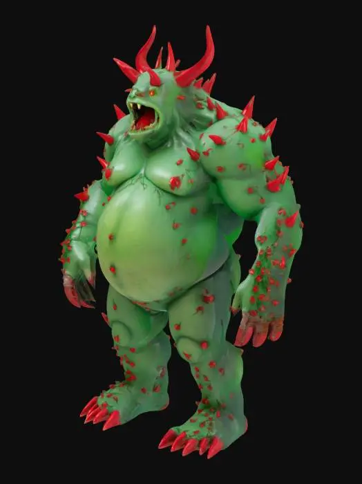 3D model for a fat golem covered in green Mylar with large, long red thorns all over it's body. It's hands are red thorny hooks.