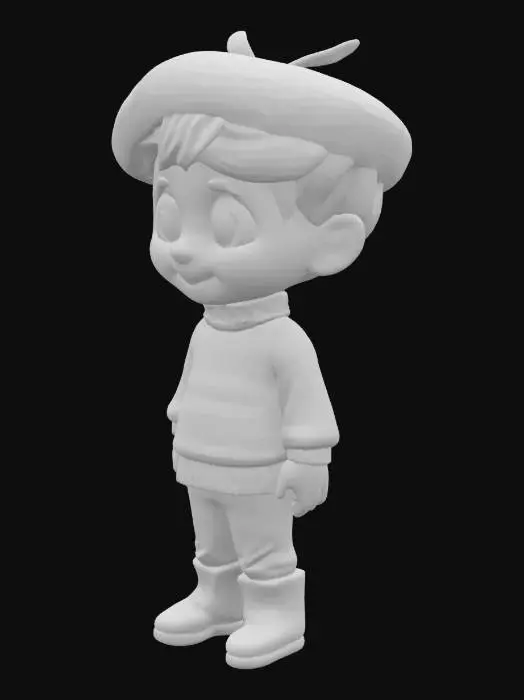 3D model for a highly detailed chibi man wearing a red beret, red turtle neck jumper, black trousers and boots.