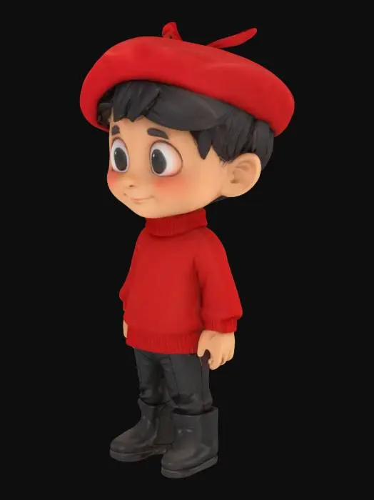 3D model for a highly detailed chibi man wearing a red beret, red turtle neck jumper, black trousers and boots.