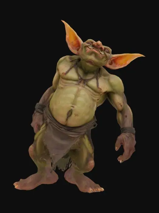 3D model for an evil goblin warrior with exaggerated features, small beady eyes, jagged and crooked teeth, large ears, a long pointed nose and long fingers, a slight pot belly, rough adn scarred skin and wearing a tattered loincloth