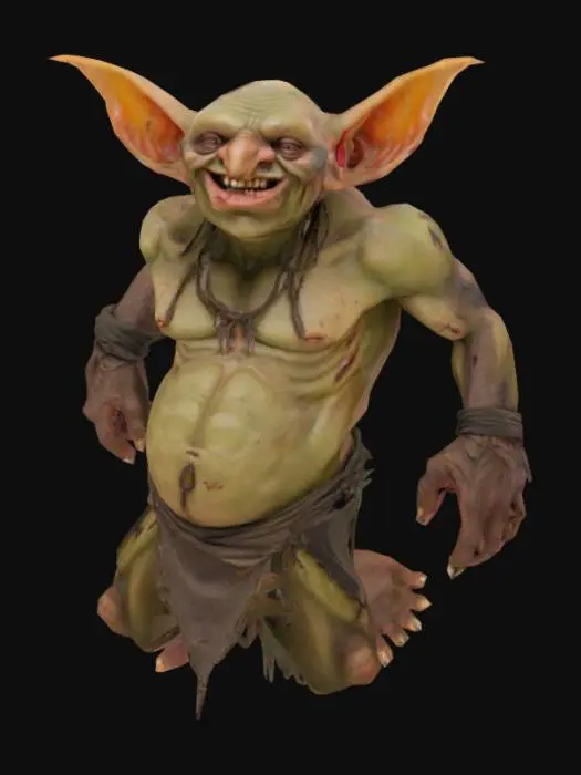 3D model for an evil goblin warrior with exaggerated features, small beady eyes, jagged and crooked teeth, large ears, a long pointed nose and long fingers, a slight pot belly, rough adn scarred skin and wearing a tattered loincloth