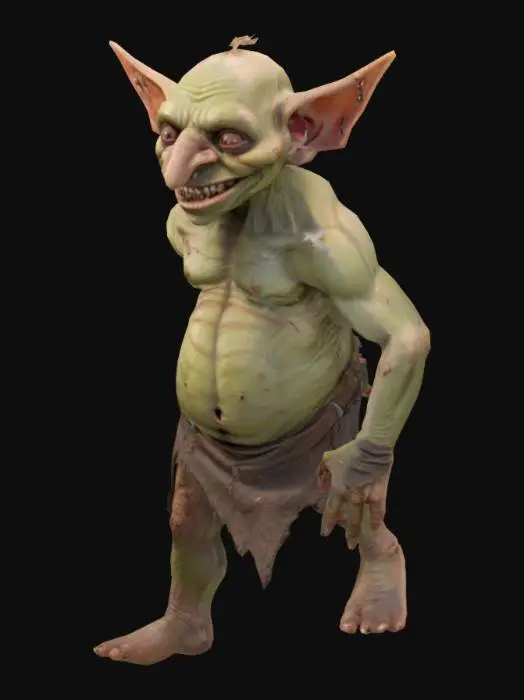 3D model for a scrawny evil goblin warrior with exaggerated features, small beady eyes, jagged and crooked teeth, a long pointed nose and long fingers, a slight pot belly, rough and scarred skin and wearing a tattered loincloth