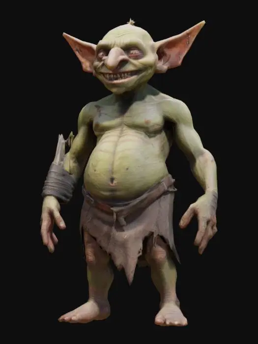 3D model for a scrawny evil goblin warrior with exaggerated features, small beady eyes, jagged and crooked teeth, a long pointed nose and long fingers, a slight pot belly, rough and scarred skin and wearing a tattered loincloth