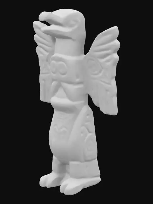 3D model for An intricately carved and ornate wooden totem of a mythical crow. Native and First Nation style of carving. Highly stylized.