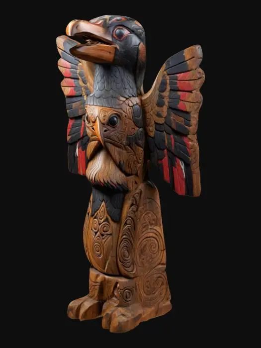 3D model for An intricately carved and ornate wooden totem of a mythical crow. Native and First Nation style of carving. Highly stylized.