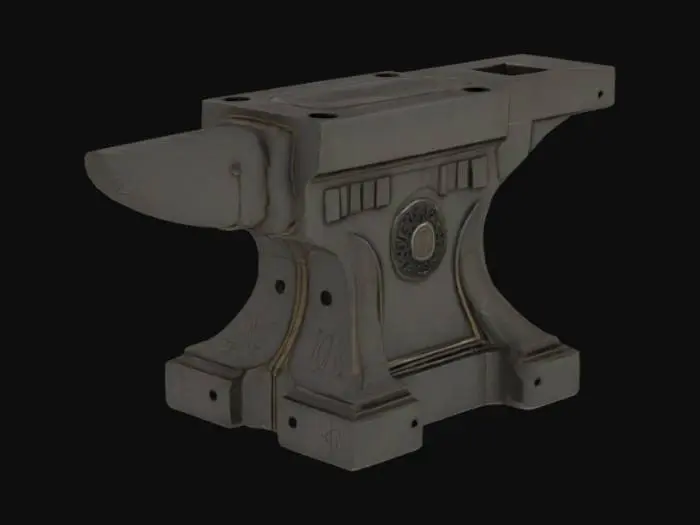 3D model for Ein großer Ambos aus Metall der schon einige kerben und Dellen vom schmieden hat. Er ist robust und hat eine markante form. Am hinteren stück ist er sehr breit und hat einen auslas in das man etwas stecken könnte. Der untere bereich des Ambosses ist reich verziert mit Runen. 