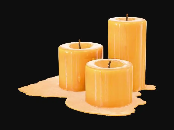 3D model for Derei kerzen in verschidenen höhen in einem dreieck angeordnet. Kerzen sind leicht abgebrant, kerzen wachs fliest herunter und hat sich leicht um die kerzen verteilt. Bienenwachskerzen in low poly style