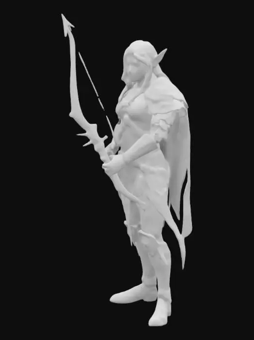 3D model for a highly detailed image of an elf archer standing in a dense, misty forest. She has long, platinum blonde hair, pointy ears, and a serious expression. She wears intricate, dark green and black armor with ornate designs, including shoulder plates and gauntlets. Her bow is elaborate, with a dark, metallic finish and decorative elements. The background features tall, blurred trees, enhancing the mystical atmosphere.