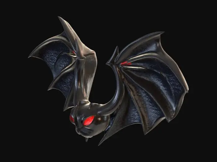 3D model for Create a pair of black bat wings with a dark, gothic style. The wings should be large, sharp, and slightly torn at the edges. Add glowing eyes embedded in the wings, one on each side, giving a mysterious and supernatural look. The texture should be smooth but with subtle veins, and the eyes should glow in red or purple. Make the wings suitable for a Roblox UGC accessory