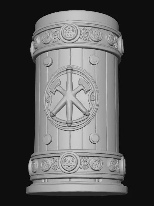 3D model for Create a highly detailed fantasy tankard / medieval mug suitable for 3D printing and game-quality rendering.
Form & Scale:
Cylindrical tankard, approx. 120–140 mm tall
Outer diameter 90–100 mm, inner cavity sized for liquid volume
Thick rim and reinforced base for stability
Clean, watertight geometry, no floating parts
Main Body:

Outer shell designed to resemble aged carved wood with vertical wood grain texture
Reinforced with bronze/gold metal bands at the top, middle, and base
Bands feature Celtic knot engravings and beveled edges
Slightly weathered, battle-worn fantasy aesthetic
Decorative Elements (Embossed, Not Floating):
Round medieval shield emblem on the front
Crossed weapon motifs and runic symbols carved into the surface
Small circular icon medallions evenly spaced