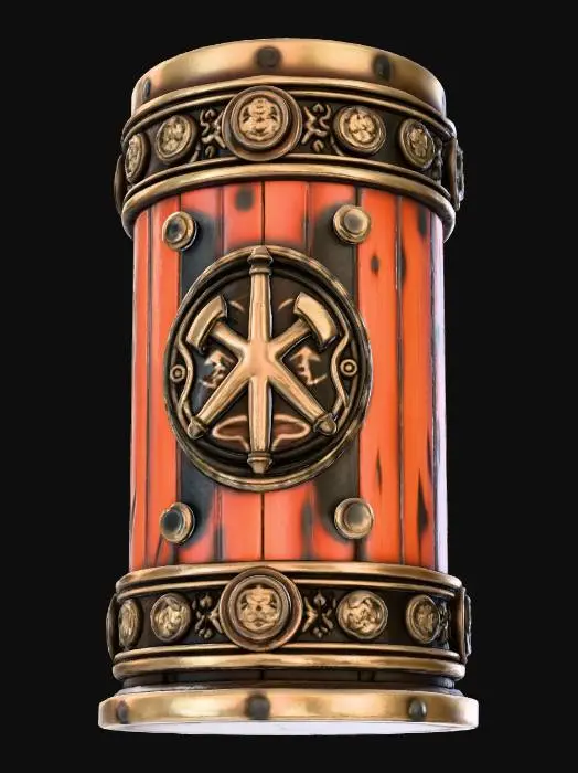 3D model for Create a highly detailed fantasy tankard / medieval mug suitable for 3D printing and game-quality rendering.
Form & Scale:
Cylindrical tankard, approx. 120–140 mm tall
Outer diameter 90–100 mm, inner cavity sized for liquid volume
Thick rim and reinforced base for stability
Clean, watertight geometry, no floating parts
Main Body:

Outer shell designed to resemble aged carved wood with vertical wood grain texture
Reinforced with bronze/gold metal bands at the top, middle, and base
Bands feature Celtic knot engravings and beveled edges
Slightly weathered, battle-worn fantasy aesthetic
Decorative Elements (Embossed, Not Floating):
Round medieval shield emblem on the front
Crossed weapon motifs and runic symbols carved into the surface
Small circular icon medallions evenly spaced