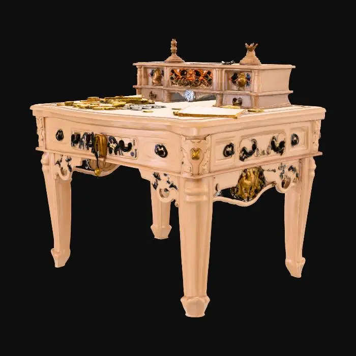 3D model for Make a wooden desk for a tabletop game. I want it to have coins on it and some papers scattered about