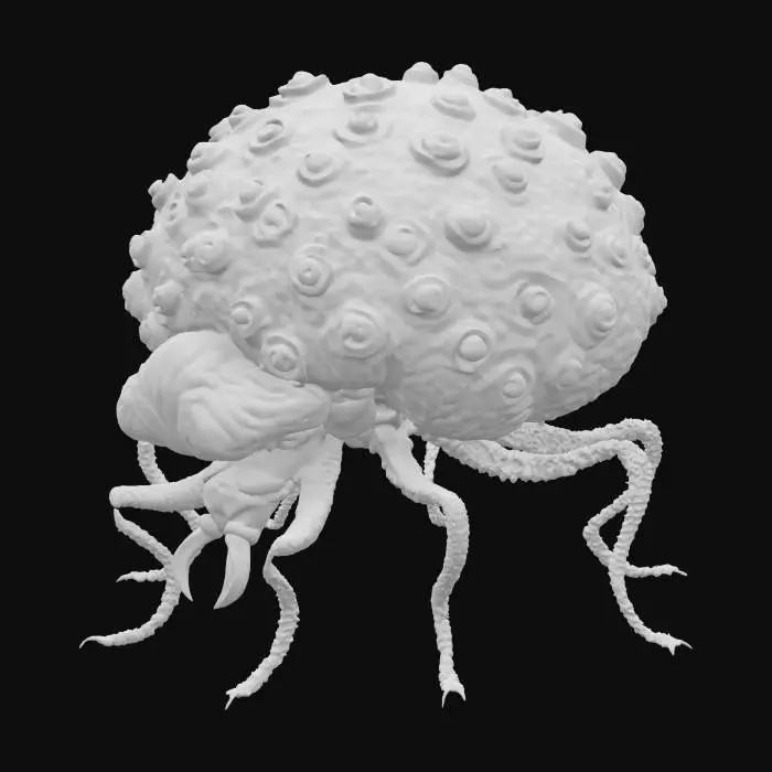 3D model for insect-like creature with a white oversized bulbous body globe-like with a smooth, slimy surface covered in insectoid eyes , many purple bony legs 