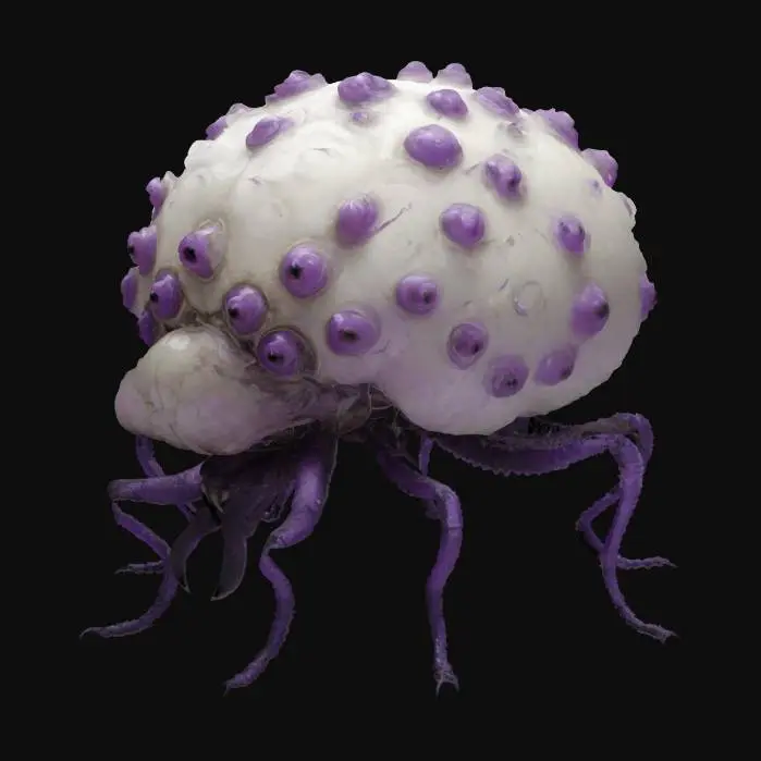 3D model for insect-like creature with a white oversized bulbous body globe-like with a smooth, slimy surface covered in insectoid eyes , many purple bony legs 
