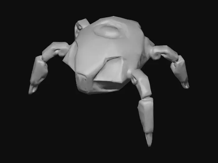 3D model for Düşük poligonlu, silindirik bir nanobot modeli. Gövdesi, belirgin ve keskin kenarlarıyla karakteristik bir 'lowpoly' estetiği sunan, mat gri metalik yüzeylerden oluşur. Silindirin alt kısmında, her biri basit, bloklu segmentlerden meydana gelen dört adet kalın, eklemli bacak taşıyıcısı bulunur. Bacaklar, nanobotun genel köşeli yapısını tamamlar ve ona denge sağlar. Yüzeyde yer yer parlak mavi renkli, dikdörtgen sensör panelleri dikkat çeker. Dokunduğunuzda hafifçe soğuk ve fasetli bir his verir.